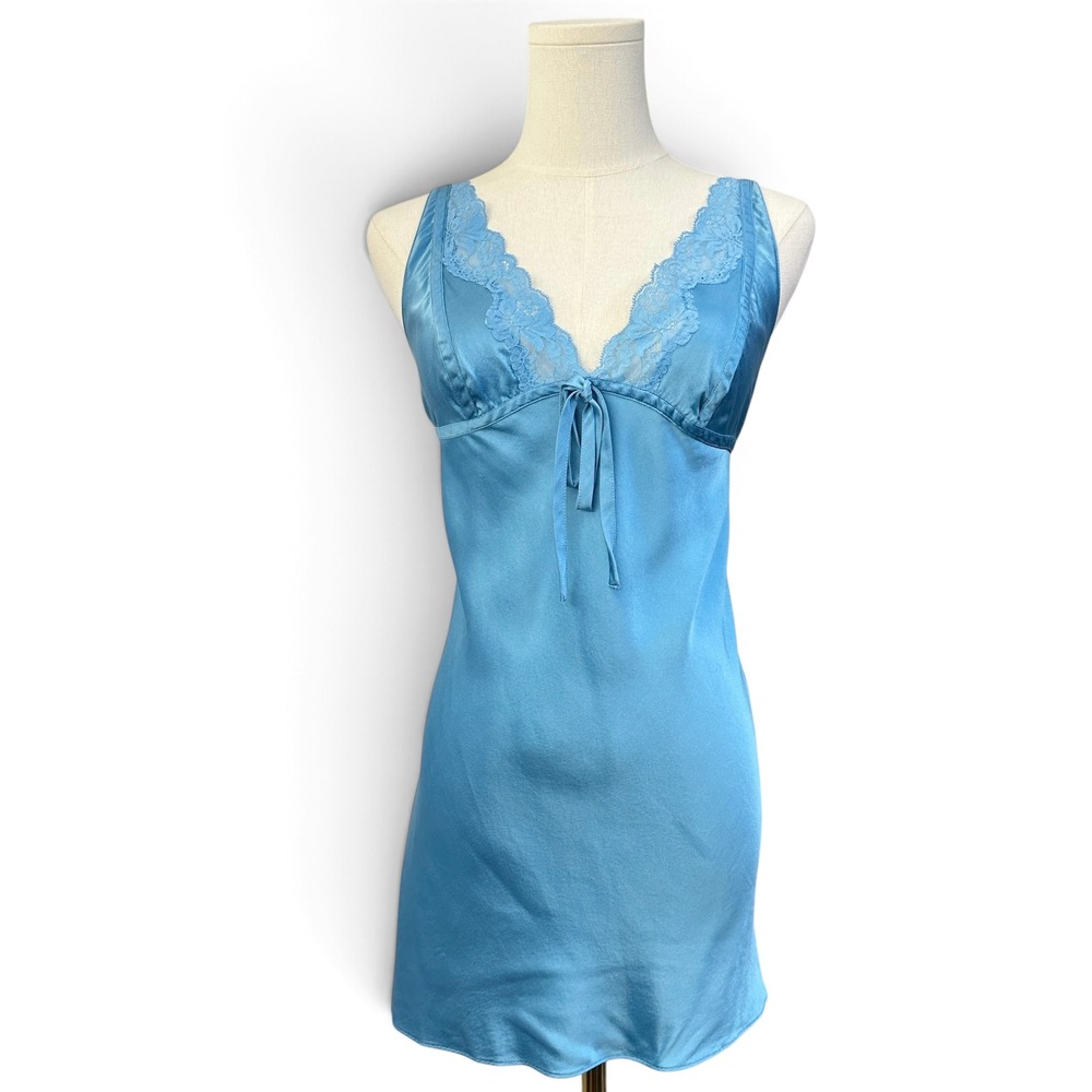 Victoria's Secret Gold Label Silk Slip Mini Dress M Blue Lace Trim 2003 Y2K